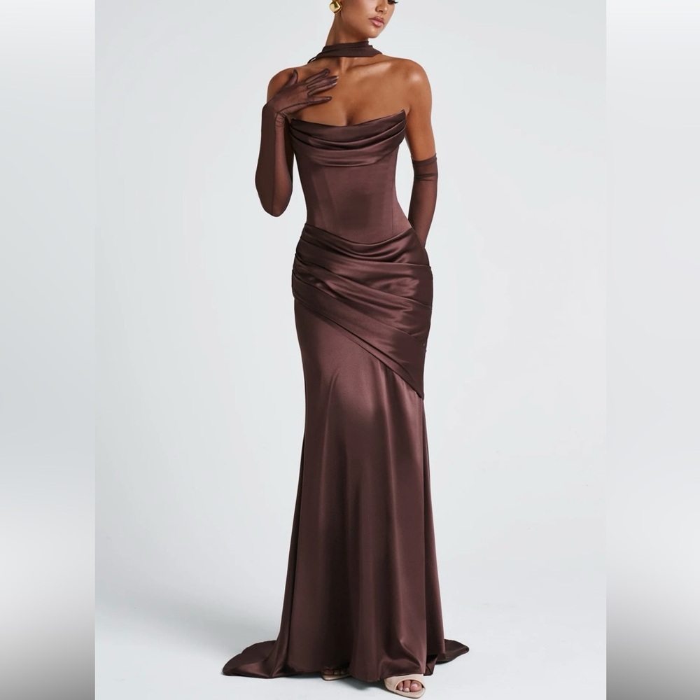 Brown Satin Halter-Back Maxi Dress - Picture 2 of 7